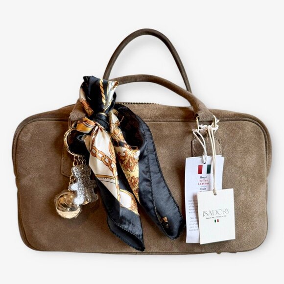 New! Isadora Suede Leather Satchel Crossbody Made In Italy in Mushroom Brown - Picture 1 of 6